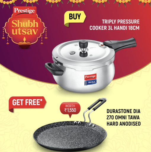 Prestige Svachh Tri-Ply Handi Pressure Cooker 3 Litre and Durastone Hard Anodised 6 Layer Non-Stick Omni Tawa, 27 Cm (Black)